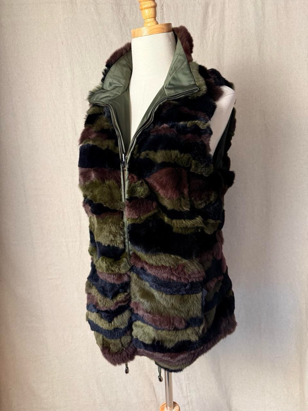 Metric Knits Fur Collection Reversible Rex Rabbit Fur Vest Loden Camo Small